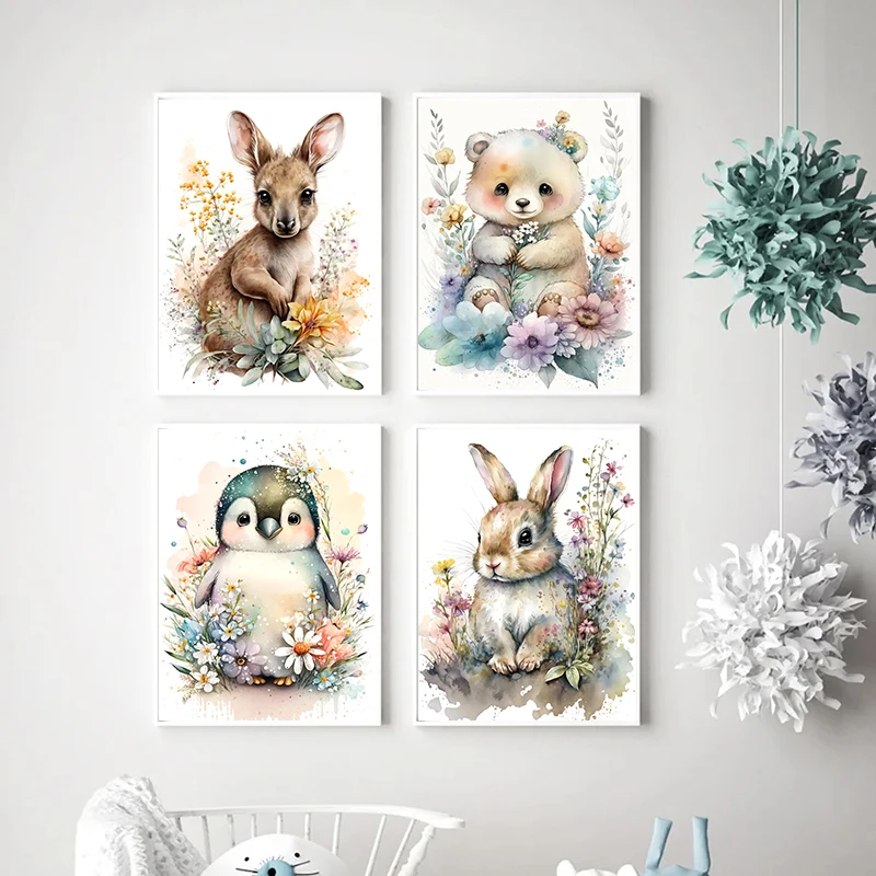 Carteles de pared de acuarela nórdica, jirafa, León, Safari, animales con flores e impresiones, pinturas en lienzo, imágenes murales para decoración