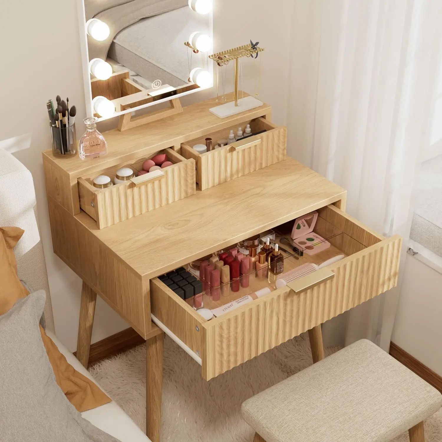 Bedroom Use, Wood Material, Compact Vanity Desk with Hollywood Mirror, Lights, Drawers, and Outlet view 2