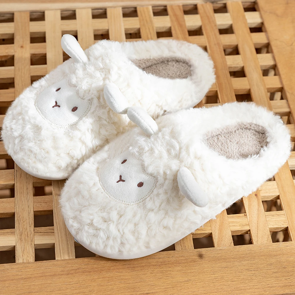 

Plush Sheep Slippers Slip-on House Shoes Comfortable Furry Closed Toe Slippers Anti Slip Soft Couple Slippers Bedroom Shoes