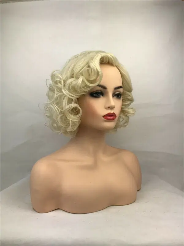 Women Light Golden Mix Short Full Wavy Fashion Natural Curly Hair Wig