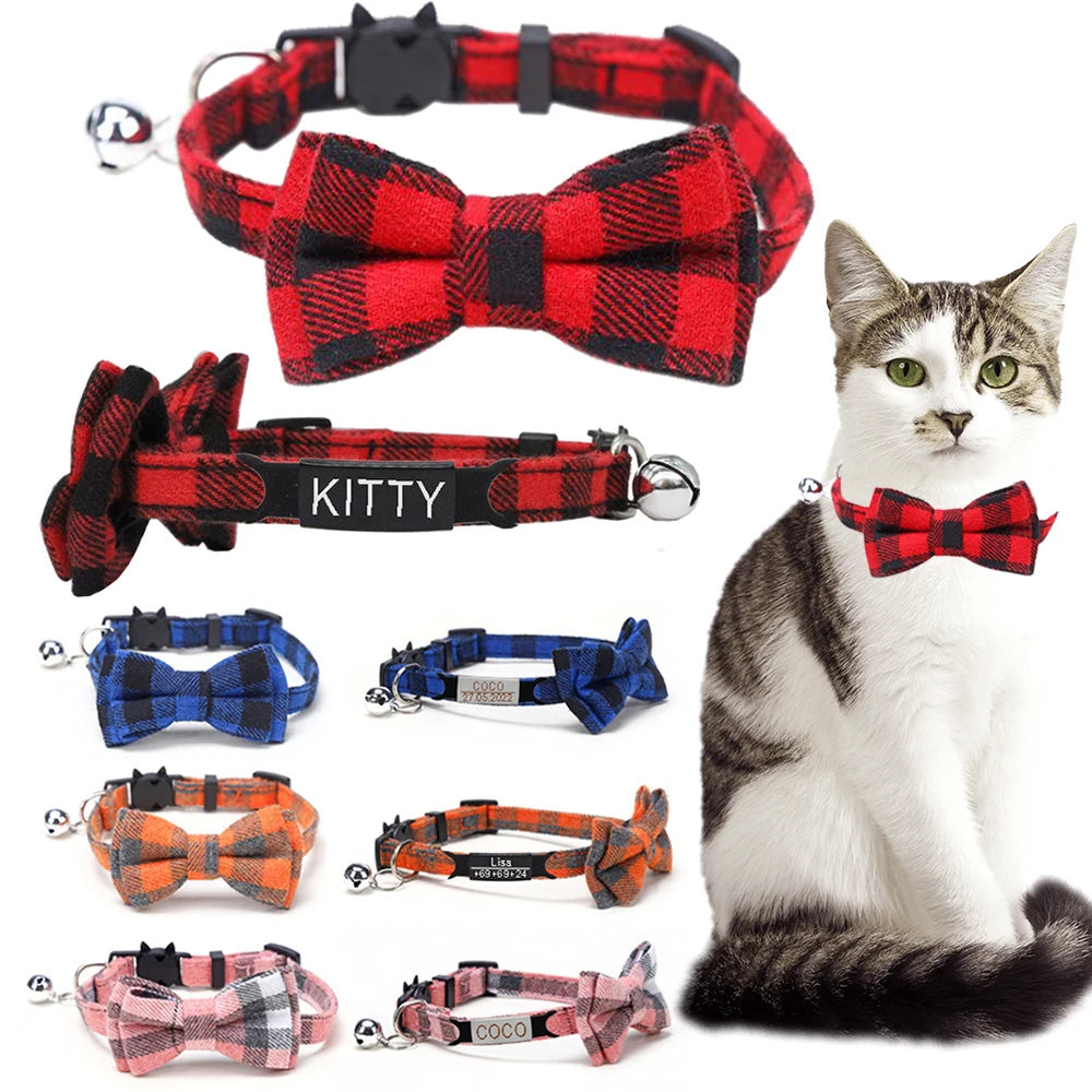 Personalized Cat Collar Name ID Bowknot Safety Breakaway Bow Tie Buckle Plaid Chihuahua Necklace Elastic Adjustable Dog Collar