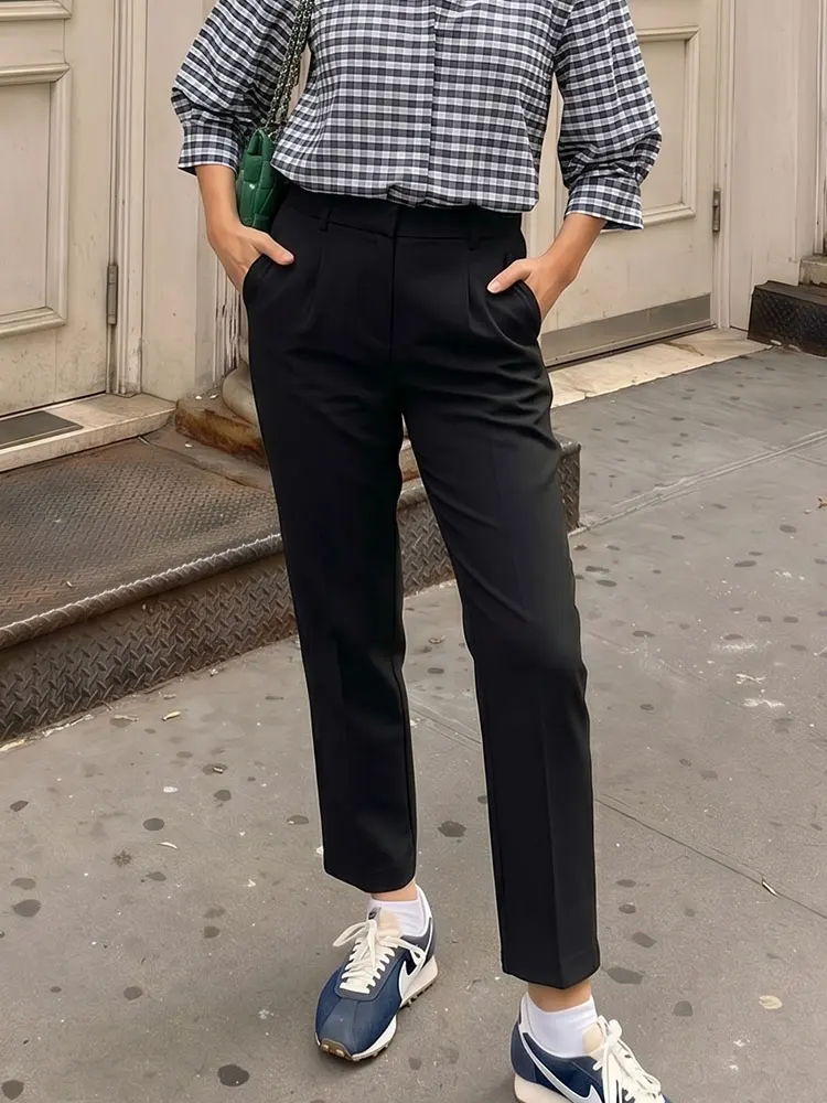 HH Womens Black High Waisted Pleated Trousers Pockets Slim Leg High Street Casual Summer Vacation Trendy Party Ninth Pants