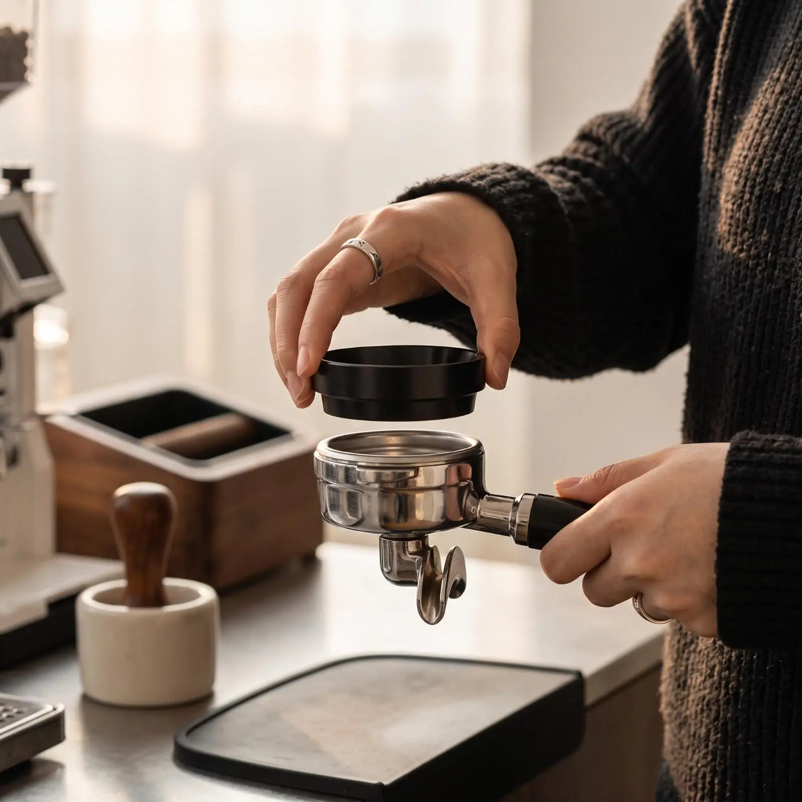 Aluminum Coffee Grinder Collar 58MM Dosing Funnel with Measuring Ring for Espresso Portafilter Kitchen