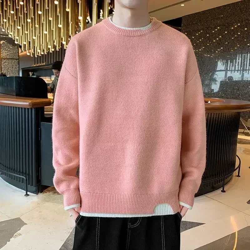 

Knit Sweater Male Pullovers Round Collar Men's Clothing Crewneck Pink No Hoodie Spliced Warm Classic Knitwears Maletry Cotton X