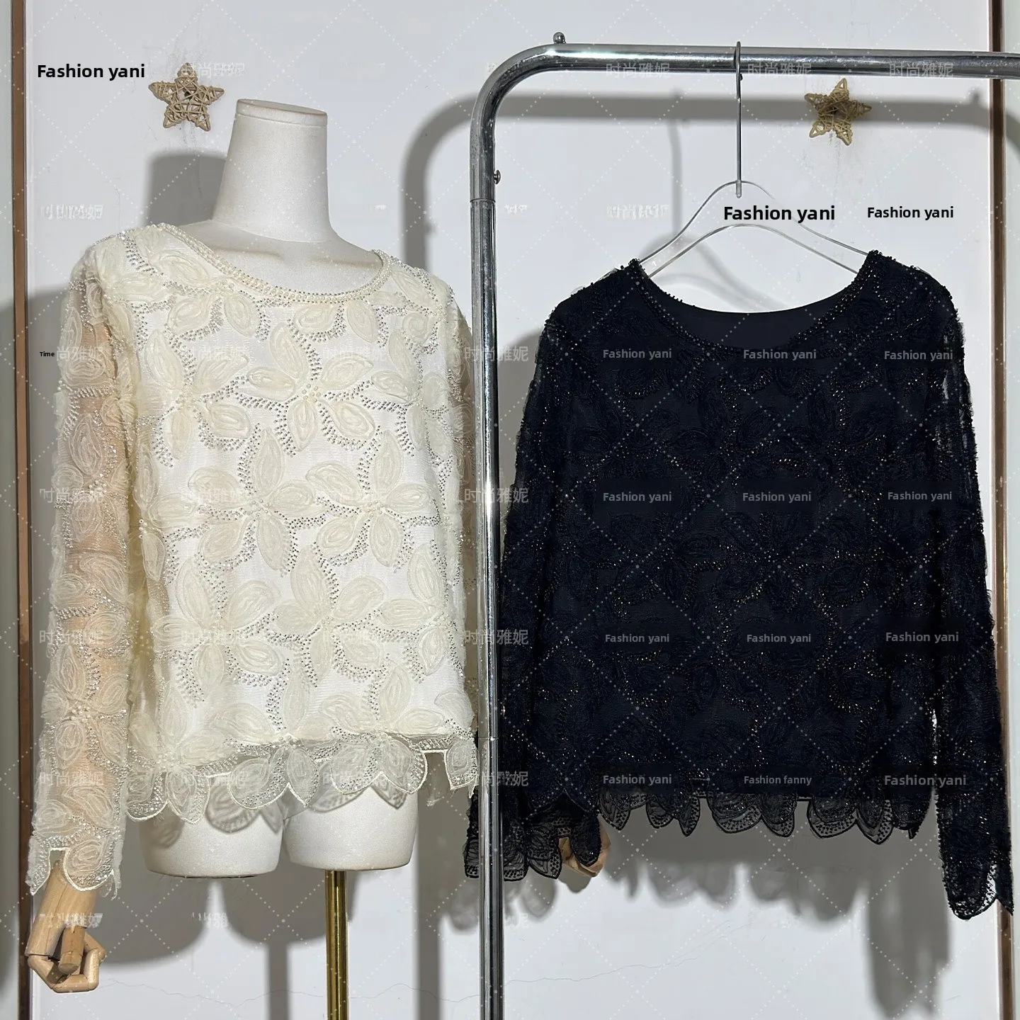 

Faionable round Ne Pearl Embellied Heavy Work Sequin Loose Women's Top Versatile Performative Casual Sle Summer New