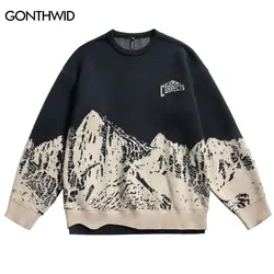 Vintage Sweaters Streetwear 90s Hip Hop Knitted Mountain Pullover Jumpers Autumn Winter Harajuku Fashion Casual Loose Knitwear