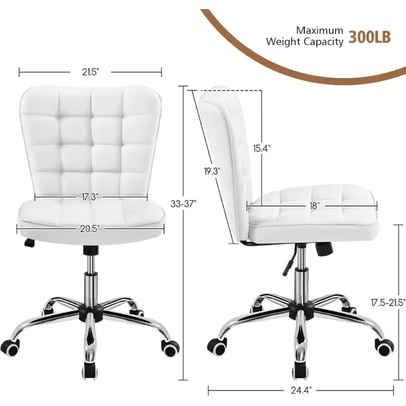 Armless Desk Chair Modern Tufted Office Chair Faux Leather Upholstered Computer Chair with Adjustable Seat Height and Rolling