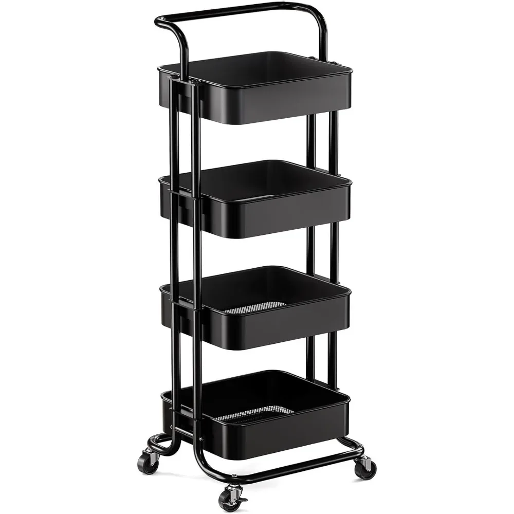 

4 Tier Mesh Utility Cart, Rolling Metal Organization Cart with Handle and Lockable Wheels, Trolleys