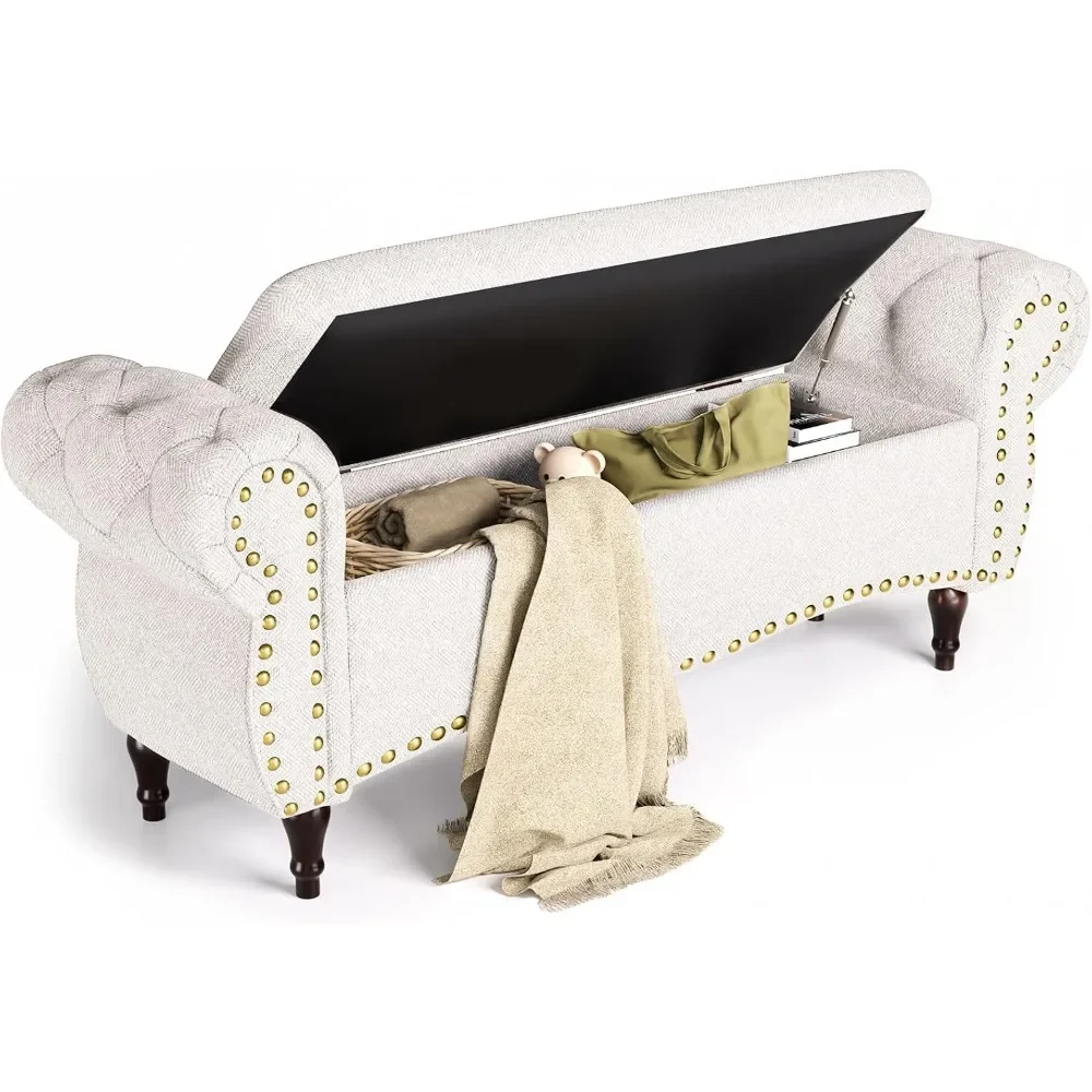 Storage Ottoman Bench Upholstered Bench & Ottoman with Safety Hinge Tufted Bed Bench with Rolled Arm and Nailhead Trim