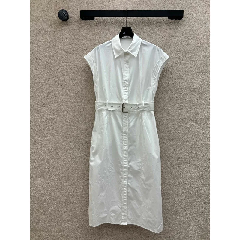 

2024 High-quality Tank Top Sleeve Shirt Dress Temperament Intellectual Simple Casual Slim Cotton Straight Long Skirt