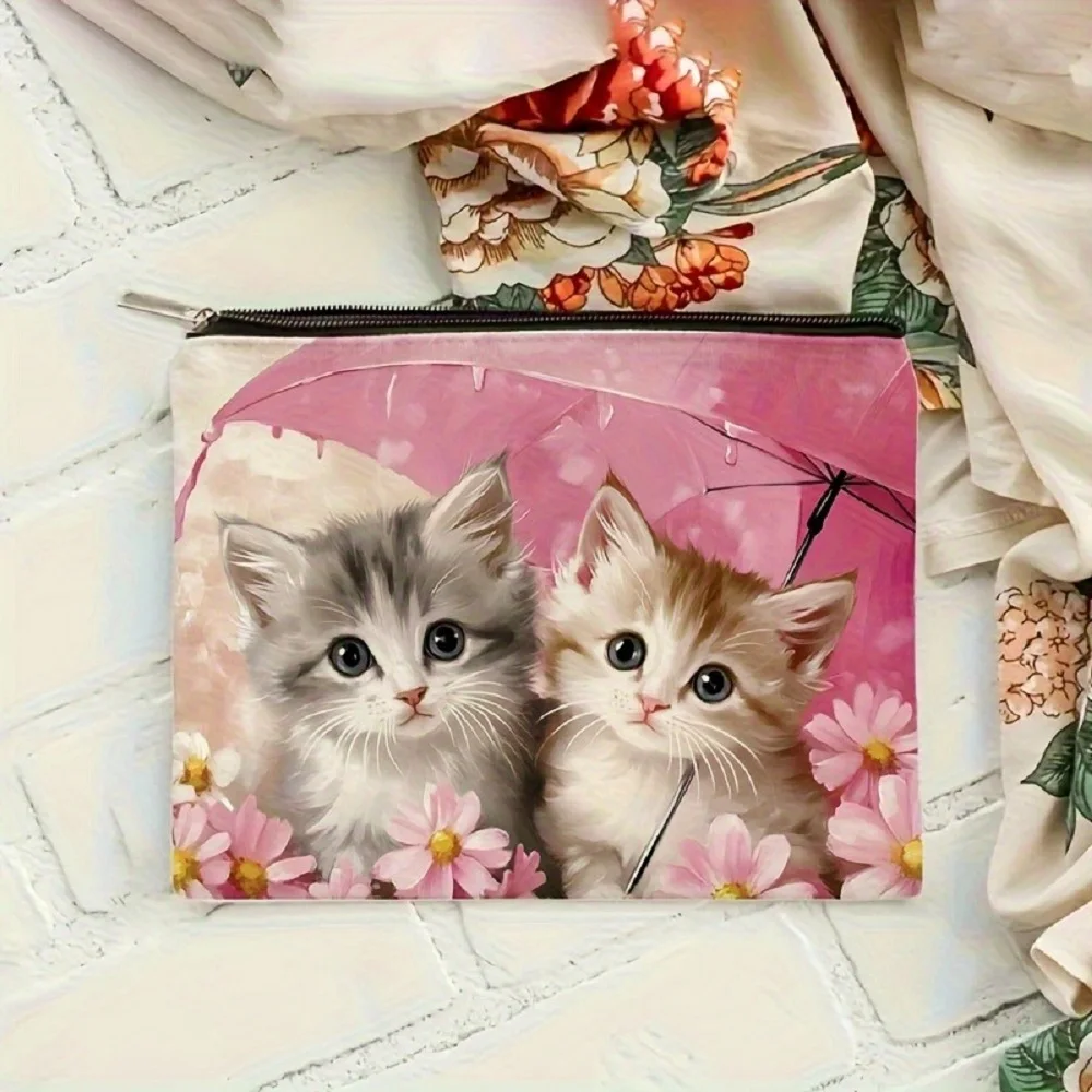 1 Piece of Cute Cat and Floral Pattern Makeup Bag - Multifunctional Zipper Pouch for Women, Perfect Travel Zipper Storage Bag, Fun Birthday Gift