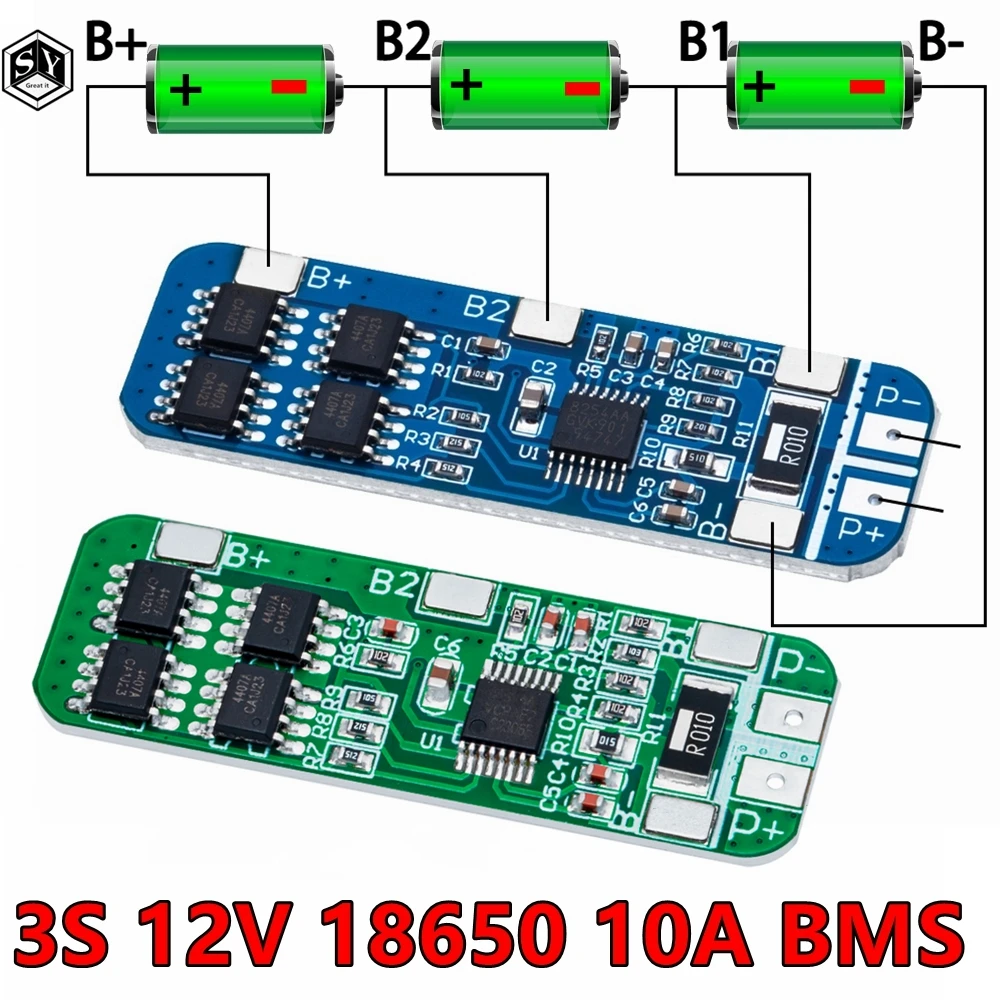 3S 12V 18650 10A BMS Charger Li-ion Lithium Battery Protection Board Circuit Board 10.8V 11.1V 12.6V Electric blue battery