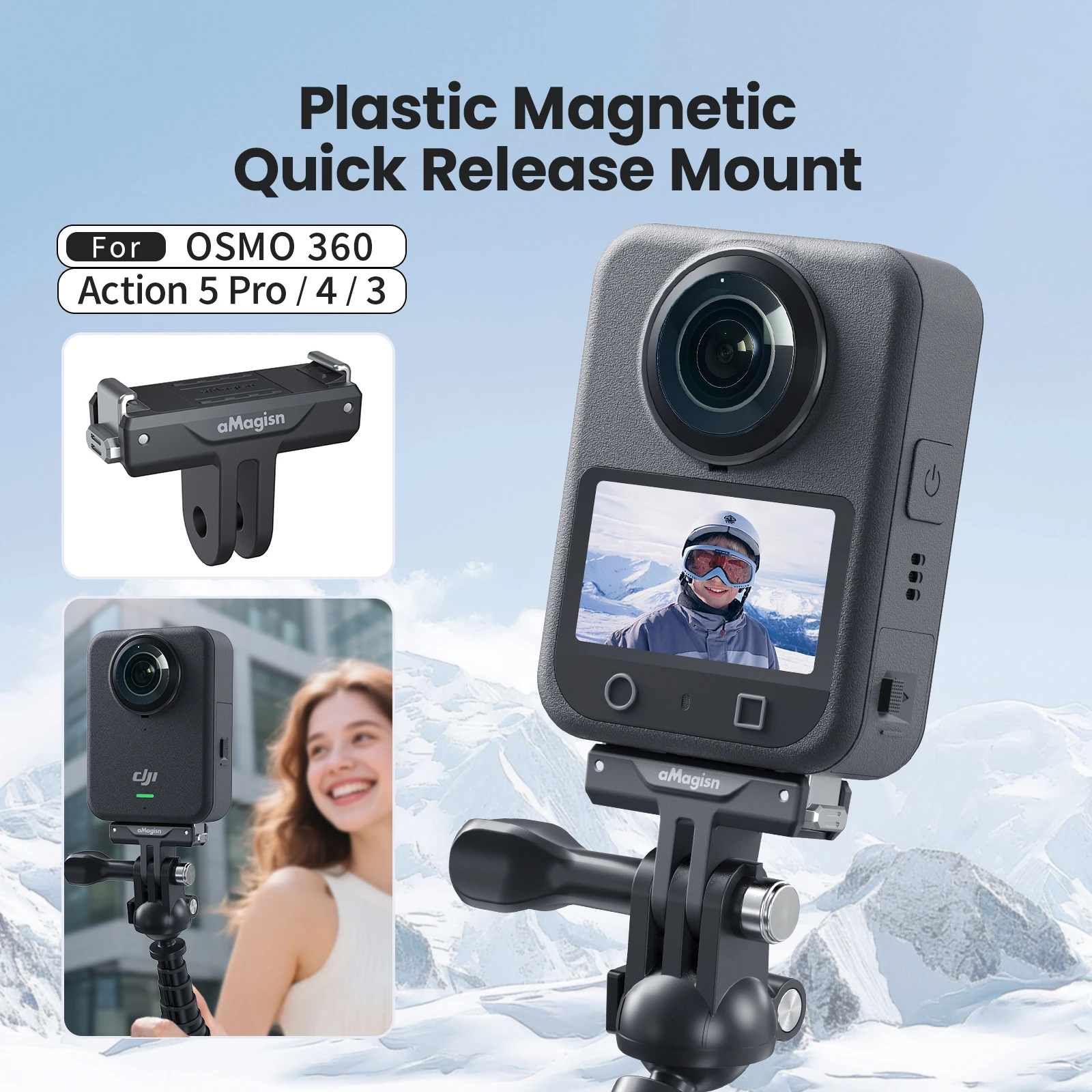 حامل aMagisn سريع التحرير لـ DJI Osmo 360، قاعدة مغناطيسية بلاستيكية مع محول قفل مخلب آمن لملحقات Osmo360