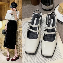 2026 Spring New Retro Small Leather Shoes Square Head Double Buckle Strap Mary Jane Thick Heels Sandals for Women