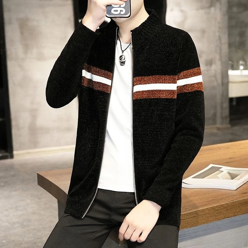 

Новинка 2025, мужской вязаный кардиган, весна-осень, универсальный облегающий воротник-стойка на молнии, корейский стиль, стильная верхняя одежда для молодых мужчин