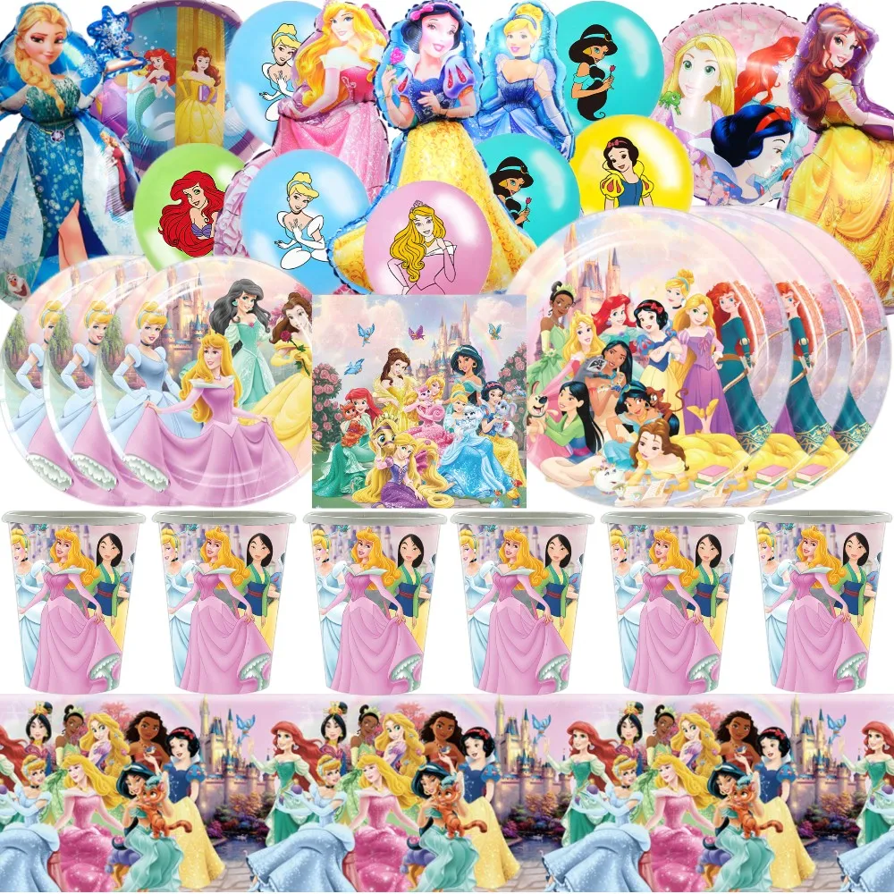 Disney Princess Kids Girls Party Decoration Balloons Disposable Tableware Set Cartoon Snow White Mermaid Birthday Party Supplies
