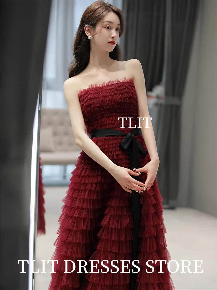 TLIT Elegant Rozerood Plooien Tule Gelaagde Avondjurk Strapless  aosМ Esperendus?vanie Zwarte Sjerpen Enkellange Gala Op maat