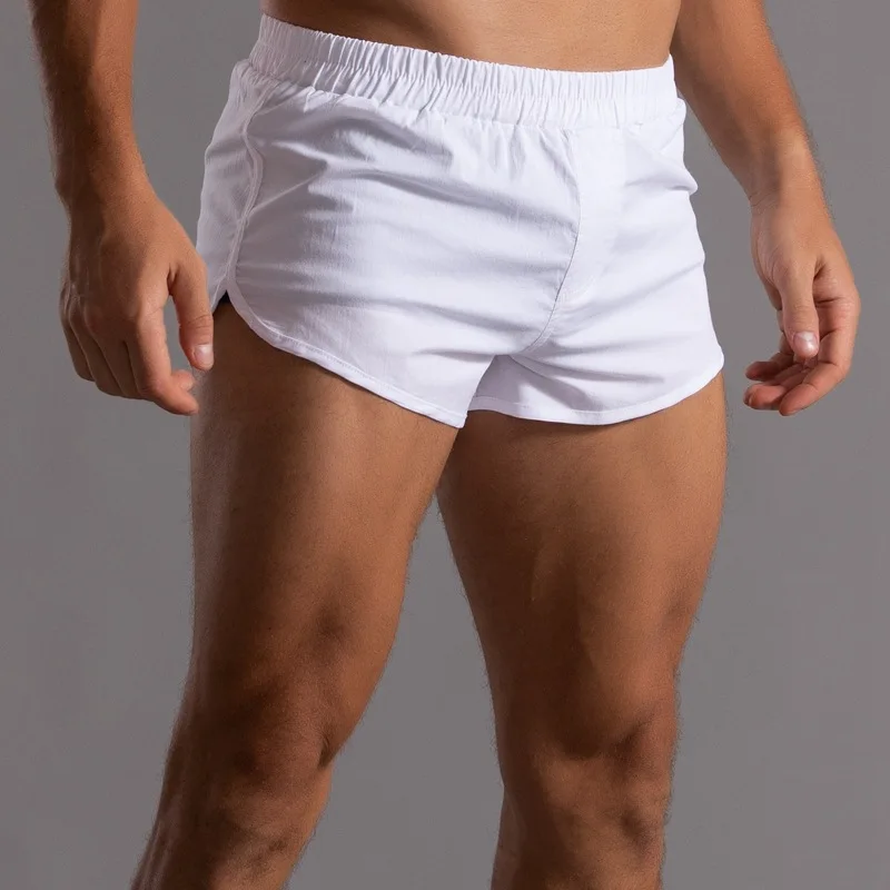 Shorts boxer masculinos de algodão, bainha redonda, bottoms sexy para dormir em casa, cintura elástica solta, boxers de pijama branco e cuecas leves