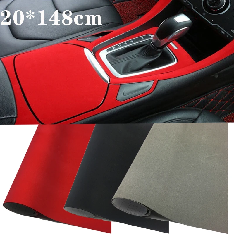 Pegatina de tela de terciopelo para coche, tejido de franela autoadhesivo, decoración Interior de coche, calcomanía, negro, gris, rojo, 20x148cm