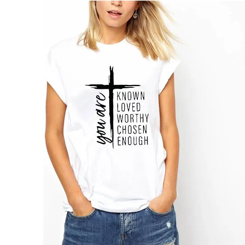 YOU ARE KNOWN LOVED WORTHY CHOSEN ENOUGH Cross Letter Printed T-Shirt Casual Short Sleeve Round Neck Tops White S-XXL Pullover