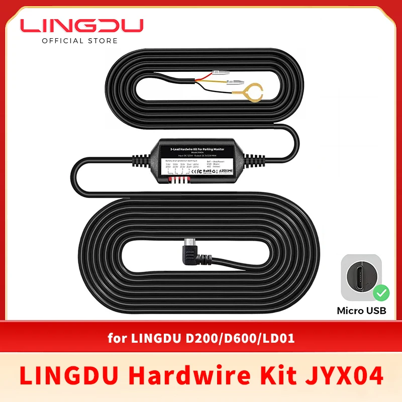 

JYX04 Автомобильный видеорегистратор HardWire Kit для LingDu D200/D600/LD01, защита от низкого напряжения, порт Micro USB, кабель питания ACC, 12 В-24 В, выход 5 В/2,5 А