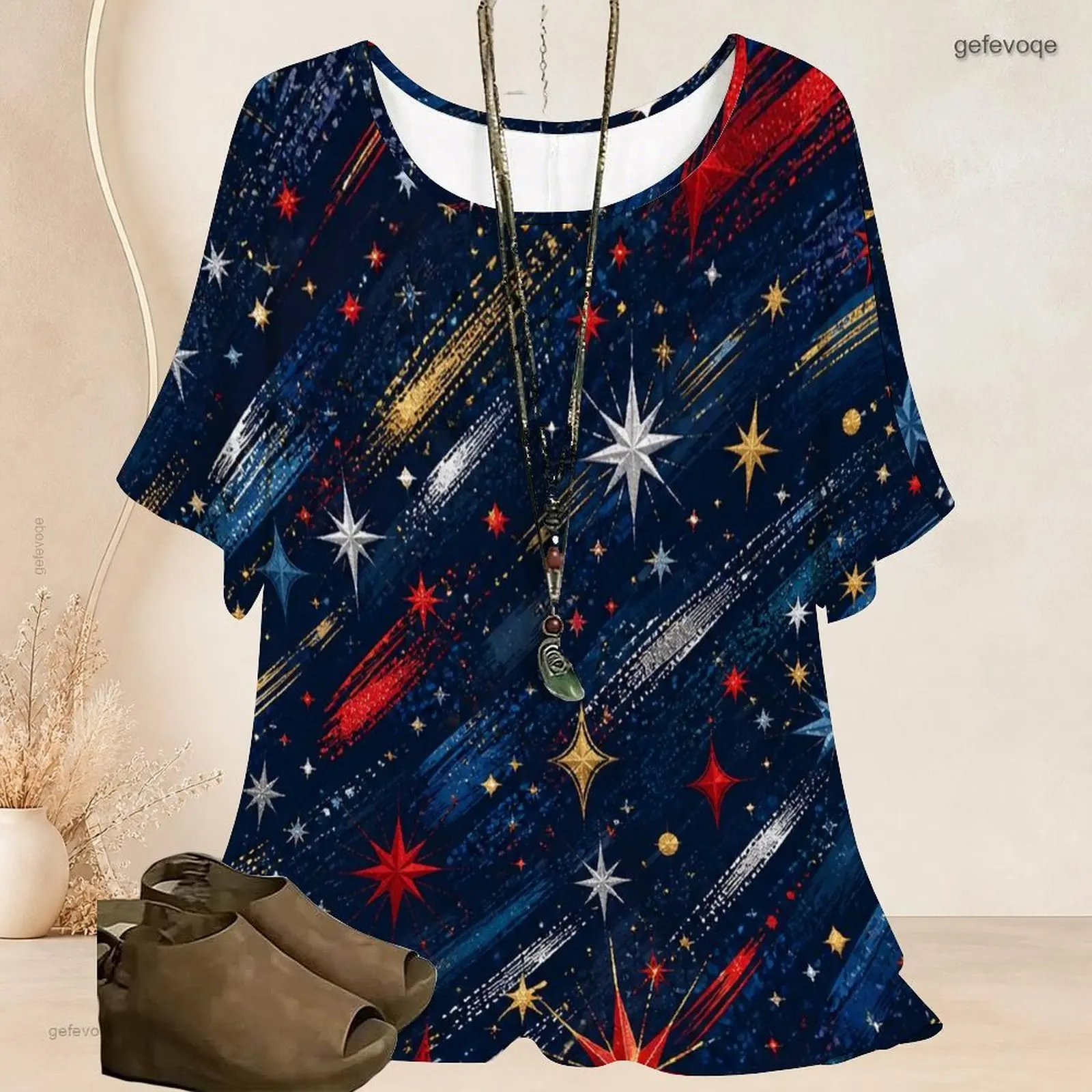 Women Round Neck Batwing Short Sleeve T Shirt Loose Oversized Tunic Top Curved Hem Casual Vintage Blouse Custom Print Ladies - view 5