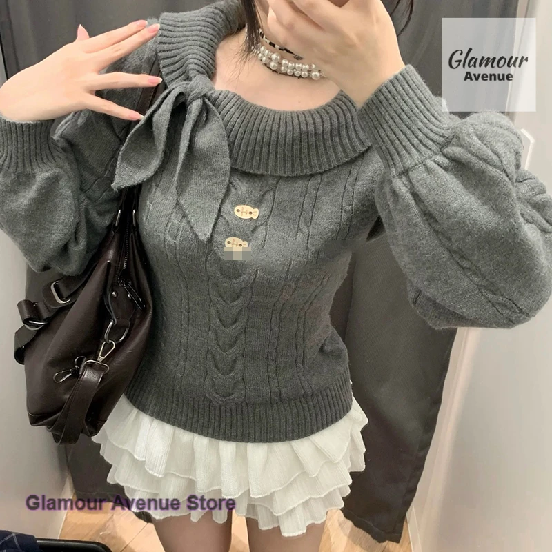 

Japanese sweet retro age-reducing little pullover rabbit ear knit cardigan women's autumn and winter temperament twist slim top