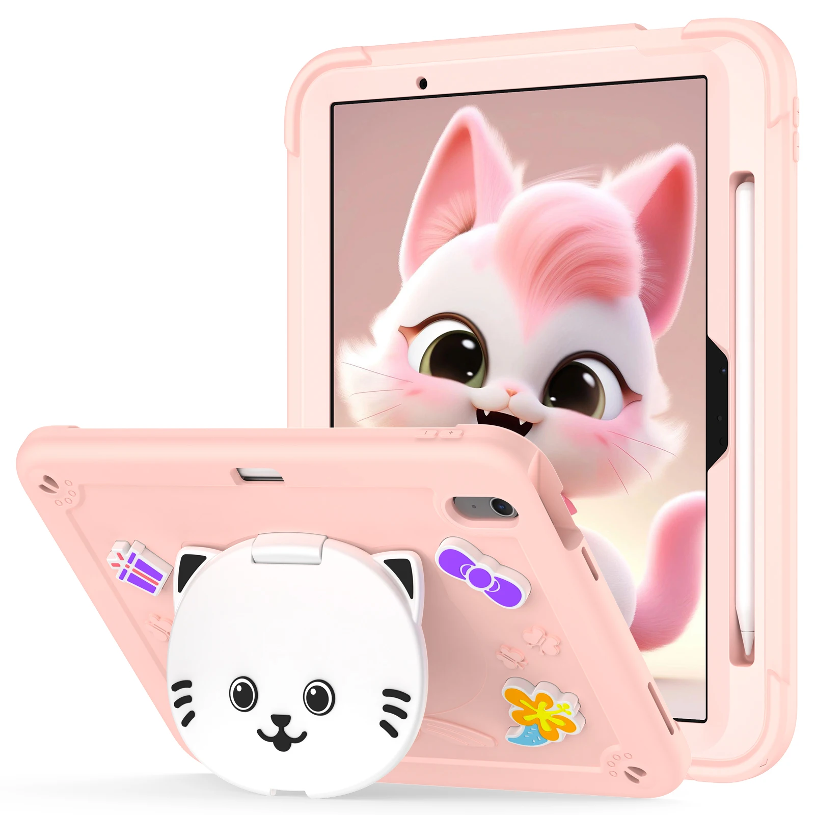 

For iPad Air 11 (2025) / (2024) Case with Cat Kickstand PC + Silicone Tablet Cover - Rose Pink