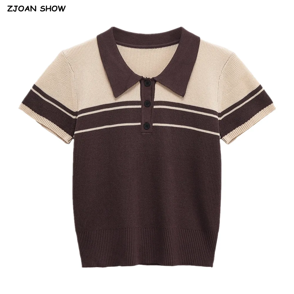 2025 mujeres marrón Beige botones Polo cuello acanalado tejido manga corta suéter jerseys prendas de punto todo fósforo tejer Tops Jumper