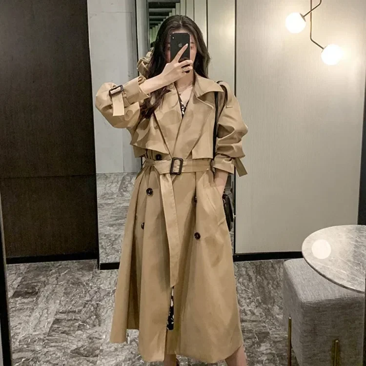 2024 Winter Jacket Trench Coat for Women Clothes Women Solid Color Lapels Double Row Buttons Long Windbreaker Ladies Work Tops