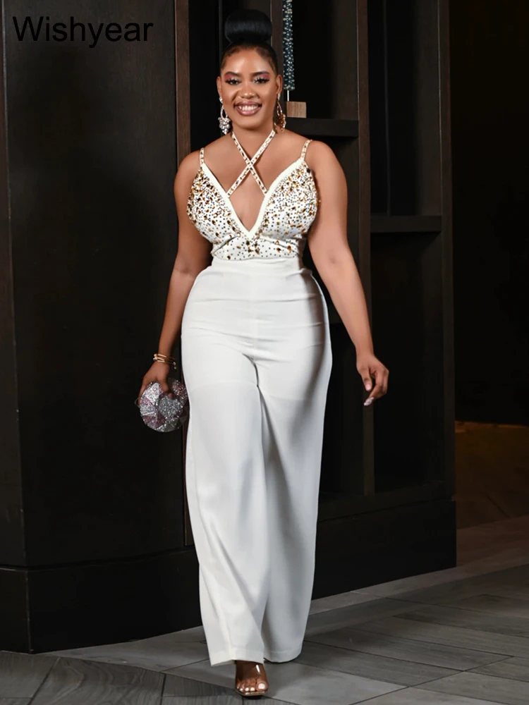 New Hot Women Luxury Rhinestones Strap Wide Leg Pants White Long Jumpsuit Sexy Wedding Party Birthday One Pieces Romper Outfits