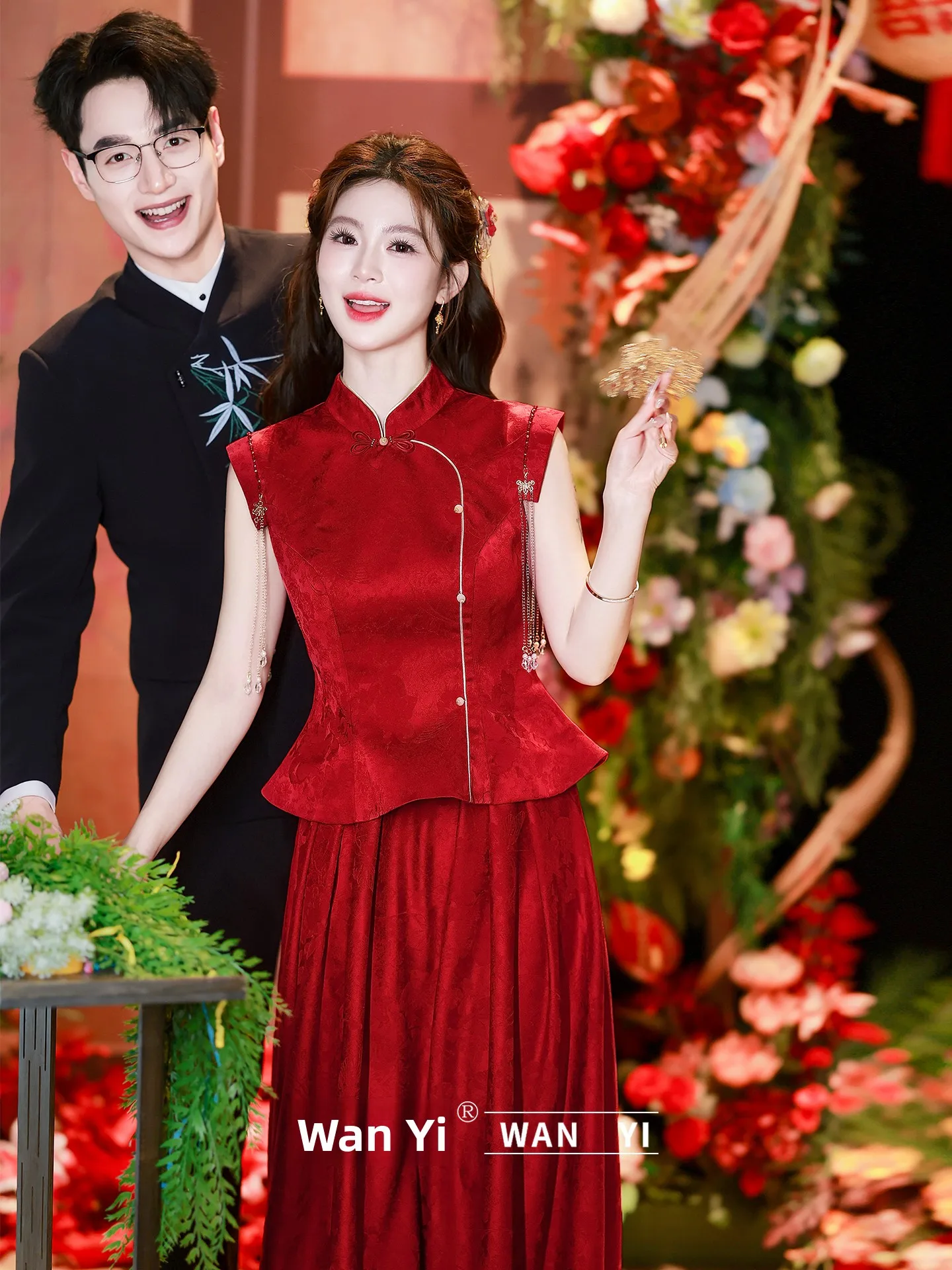 

Red Wedding Dress Engagement Ceremony Dress Beautiful Short Women's Long Skirt Elegant Simple Style for Daily Wear