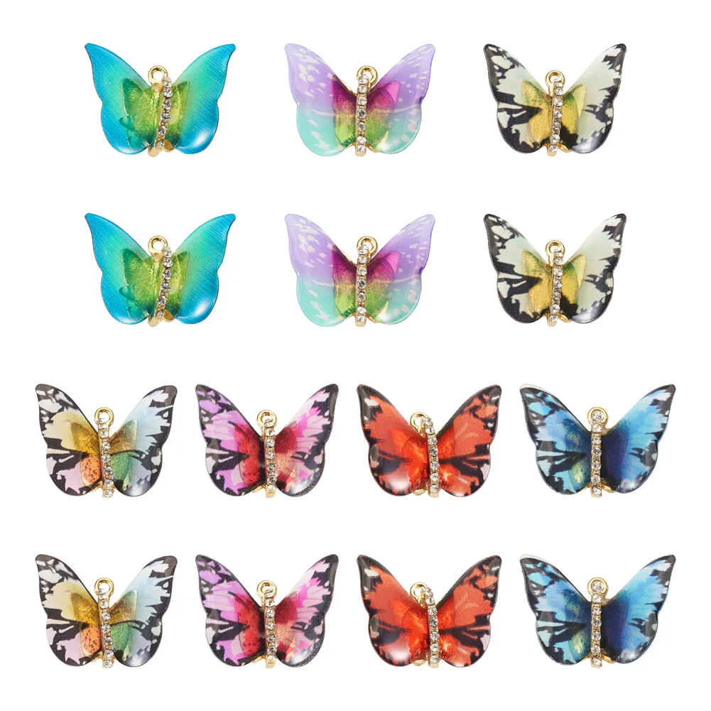 

14Pcs Resin Pendants Colorful Butterfly Charms with Rhinestone Findings for DIY Bracelet Earring Jewelry Making Craft Supplies