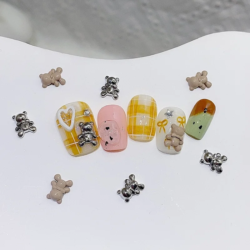 TSZS 10pcs/lot 3D Cute Cartoon INS Style Pink Silver Brown Bear Alloy Nail Art Decoration Nail Metal Charms