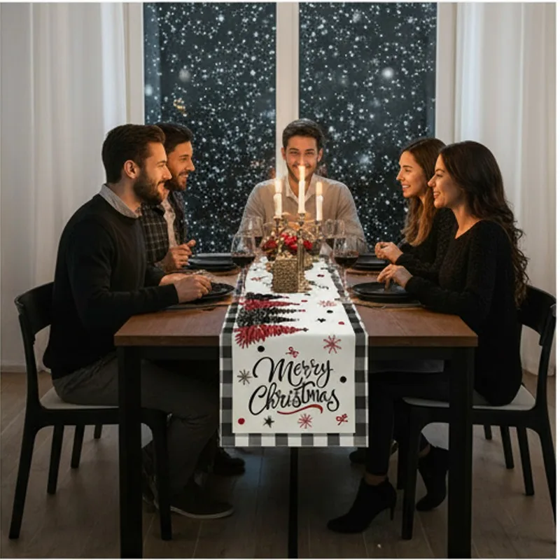 عيد الميلاد الجدول عداء 2026 طاولة طعام أحمر شتاء أبيض ندفة الثلج مفرش المائدة الطويل عيد ميلاد سعيد الجدول العلم ديكور المنزل #5