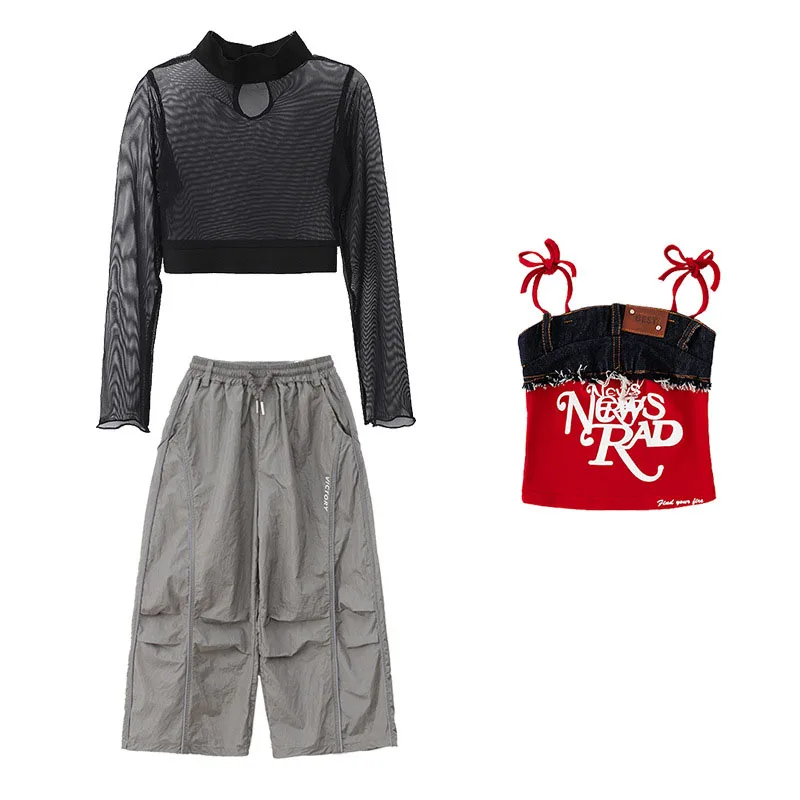 Enfant Kpop Hip Hop vêtements rouge Denim à lacets débardeur court maille haut gris décontracté large Parachute pantalon pour fille danse Costumes vêtements