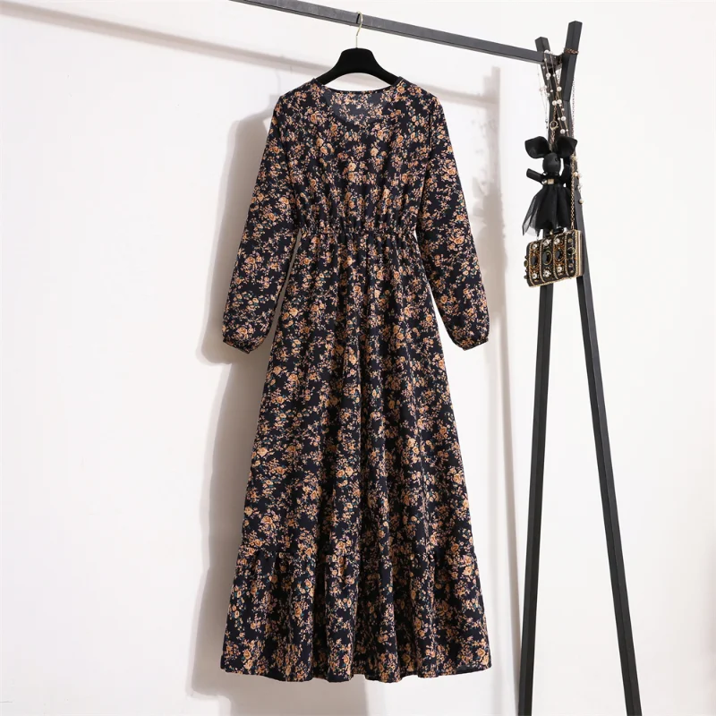 Autumn Spring Chiffon Dresses Fashion Female Full Sleeve Vintage Printed Floral Casual Long Dress Women Maxi Dresses Vestidoes