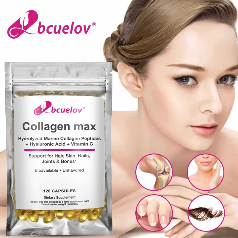 Bcuelov Collagen Max Hydrolyzed Marine Collagen Peptides Hyaluronic Acid + Vitamin C Supports Hair, Skin, Nails, Joints & Bones