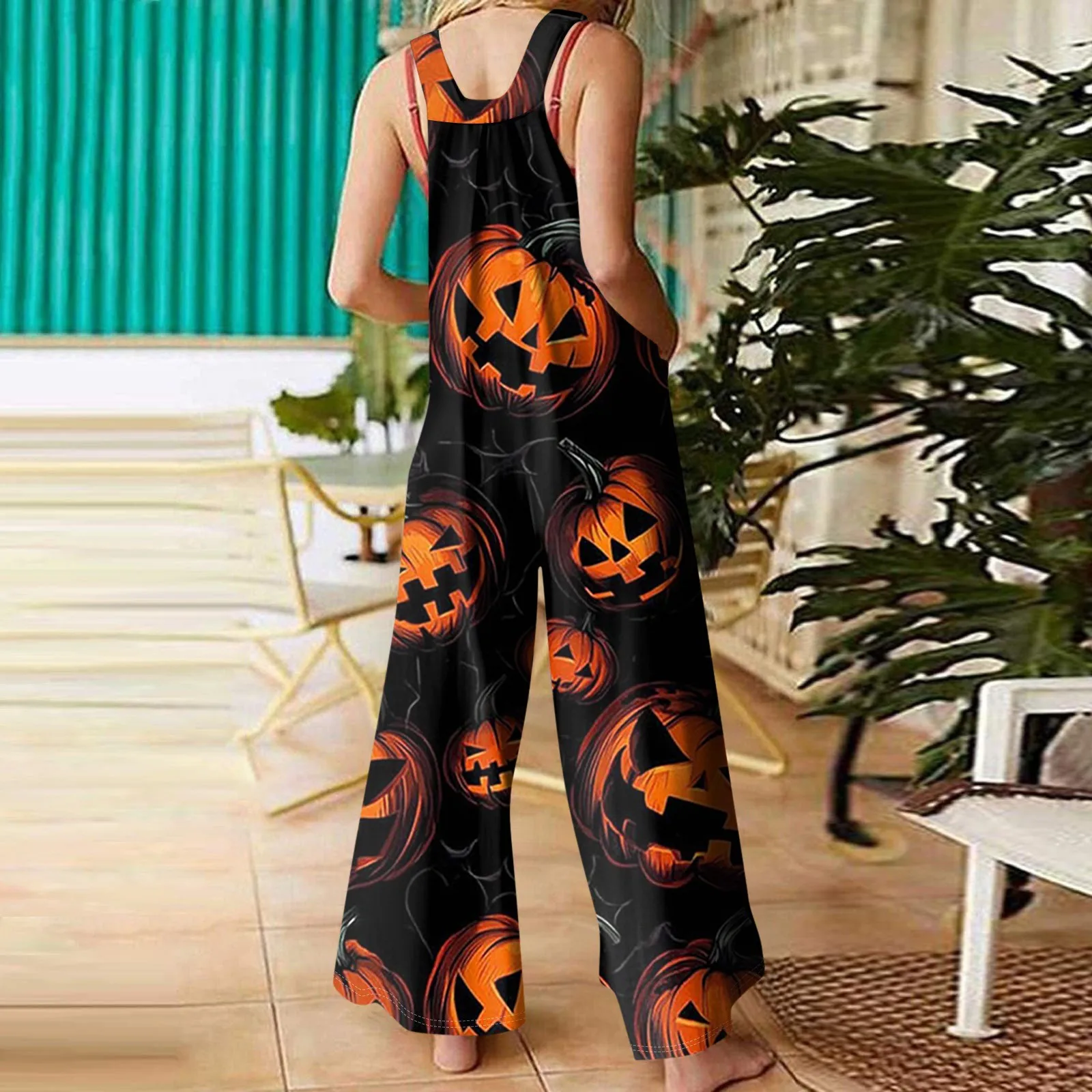 Halloween Theme Overalls Jumpsuit Women Fashion Halloween Print Bat Ghost Spider Web Pumpkin Head Solid Color Casual Loose Retro