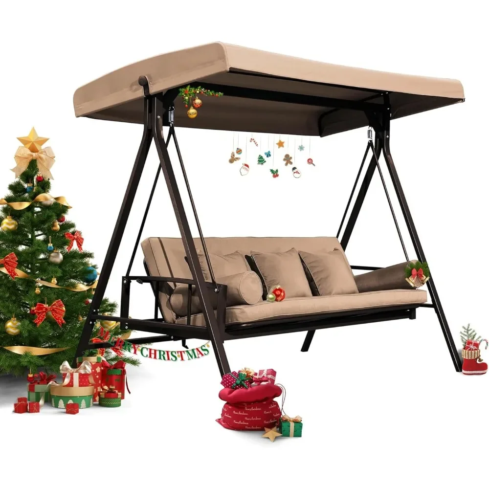 

Outdoor Patio Porch Swing Adjustable Backrest, 3-seat Swing Chair with Weather Resistant Steel Frame, Swings Outdoor