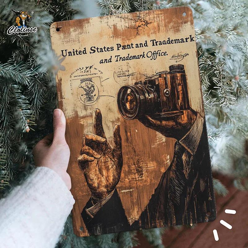 Vintage Style U.S. Patent Office Themed Metal Sign, with Camera, Hand Gesture & Stamp Elements, Full of Artistic Feel and Retro