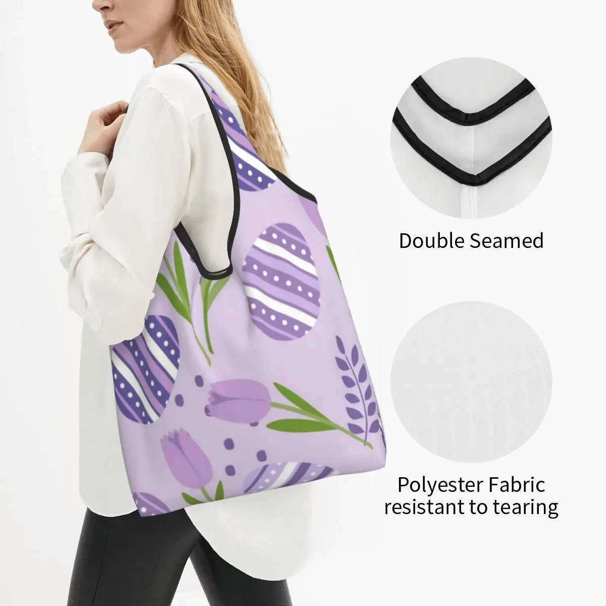 Reusable Happy Easter Eggs Grocery Bags Foldable Machine Washable Shopping Bags Large Eco Storage Bag Attached Pouch