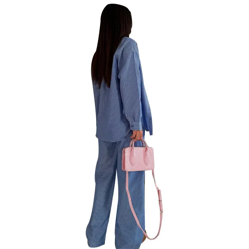 Mode Lose Denim Blau Übergroßen Set Frauen 2 Stück Casual Langarm Taste Hemd Breite Hosen Zwei Stücke Hosen Outfit