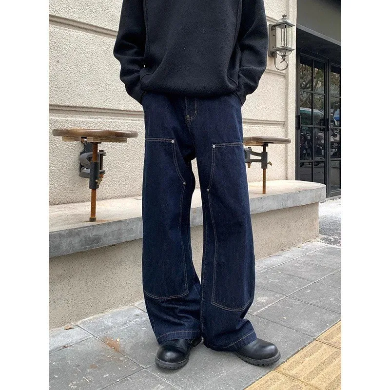 

Retro American Deep Blue Original Jeans Knee-Riveted Casual Workwear Long Pants Loose Fit Unisex Comfortable Versatile Jeans