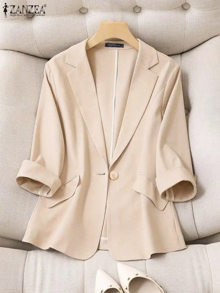 Zanzea Frauen pendeln Arbeit tragen Mantel Revers Kragen Tops Mode Dreiviertel Anzug Büro Dame Single Button einfarbigen Blazer