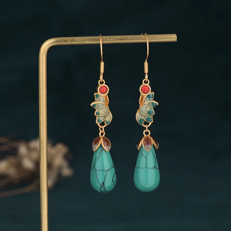 

National Tide New Fashion Jewelry for Women Enamel Drop Glaze Imitation Turquoise Pendant Earrings Vintage Accessory Gift