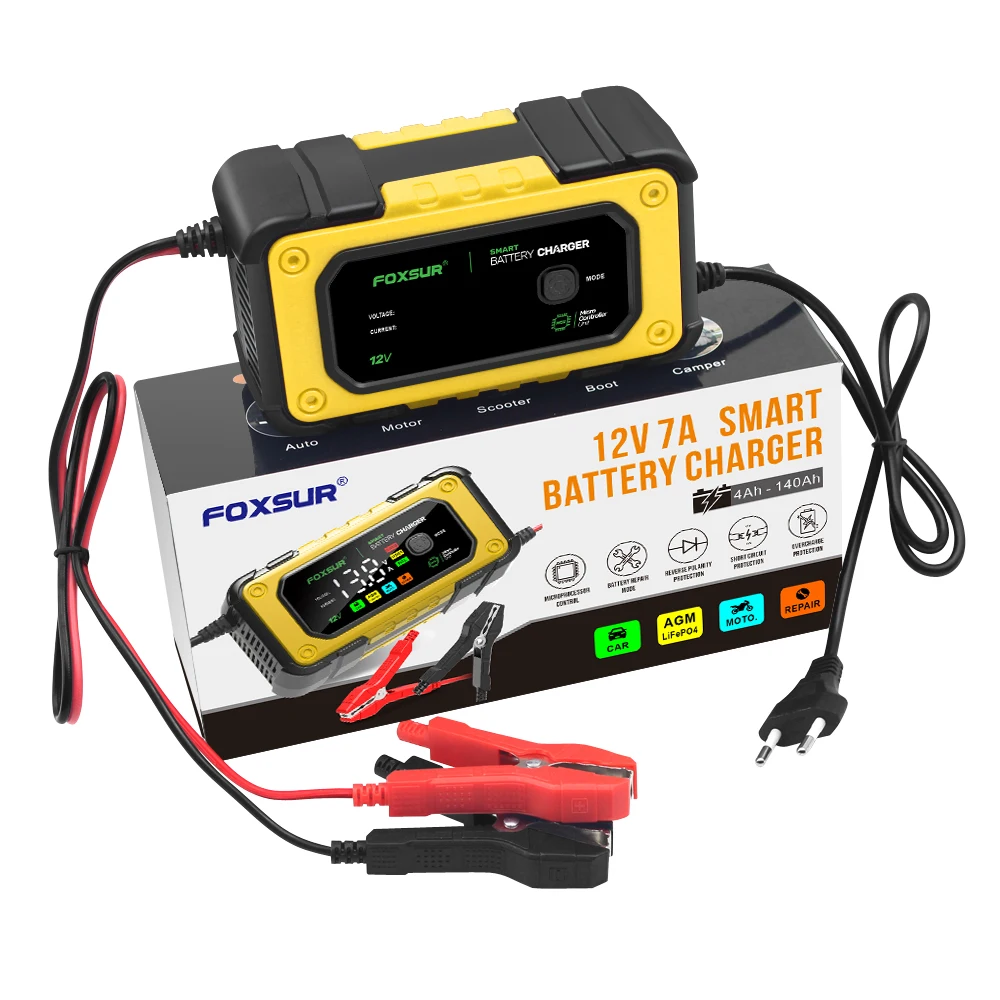 FOXSUR Smart Car Battery Charger for 12V 7A AGM GEL LiFePO4 Batteries Desulfator Motocycle Fast Charging Maintainer with Repair