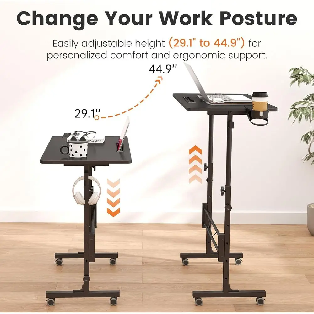 Compact Adjustable-Height Stand-Up Desk with Wheels, Portable Laptop Stand for Mobile Use, Black