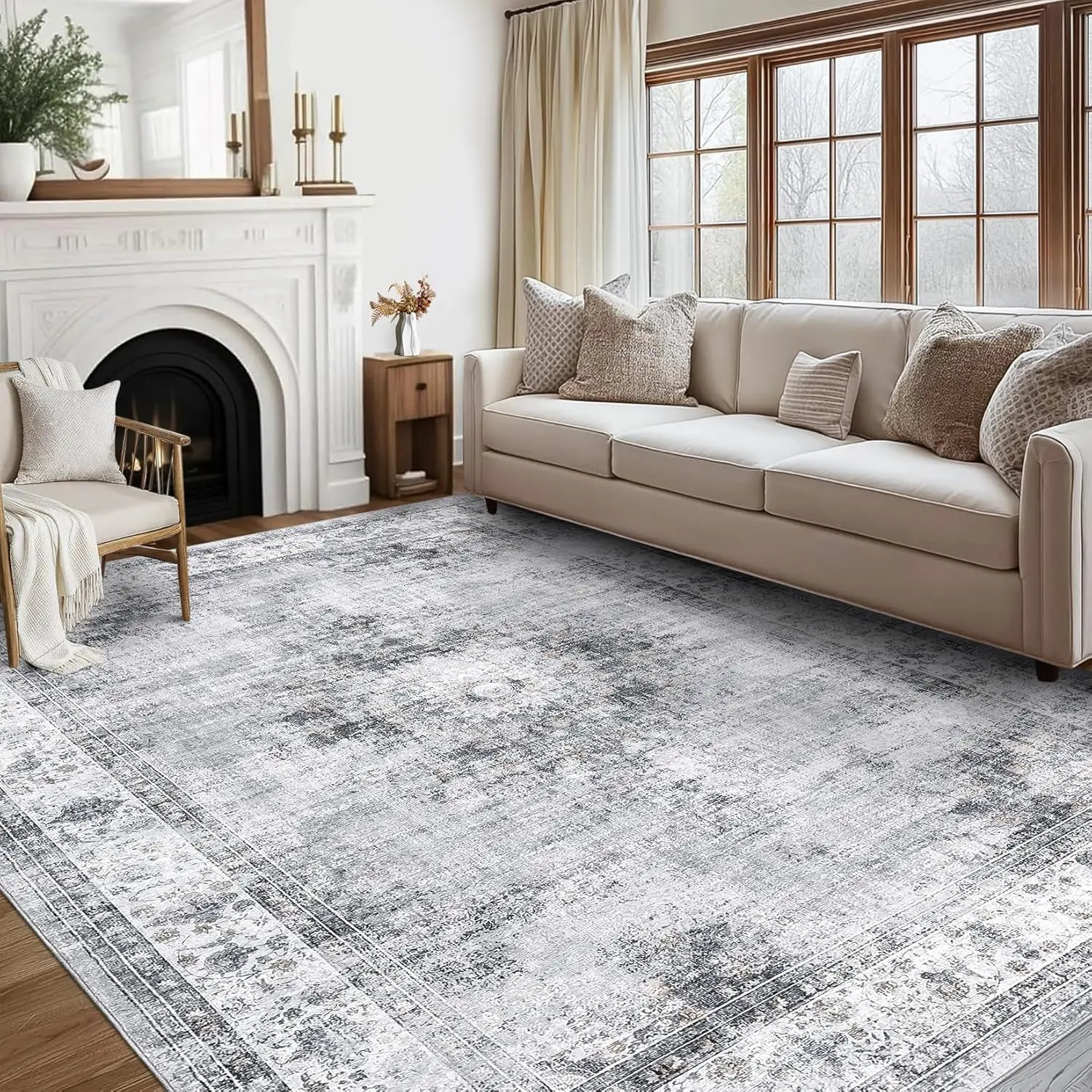 

Area Rug Washable Vintage Floor Cover Rug Indoor Distressed Non Slip Carpet Floral Print Mat Living Room Bedroom Dining Room