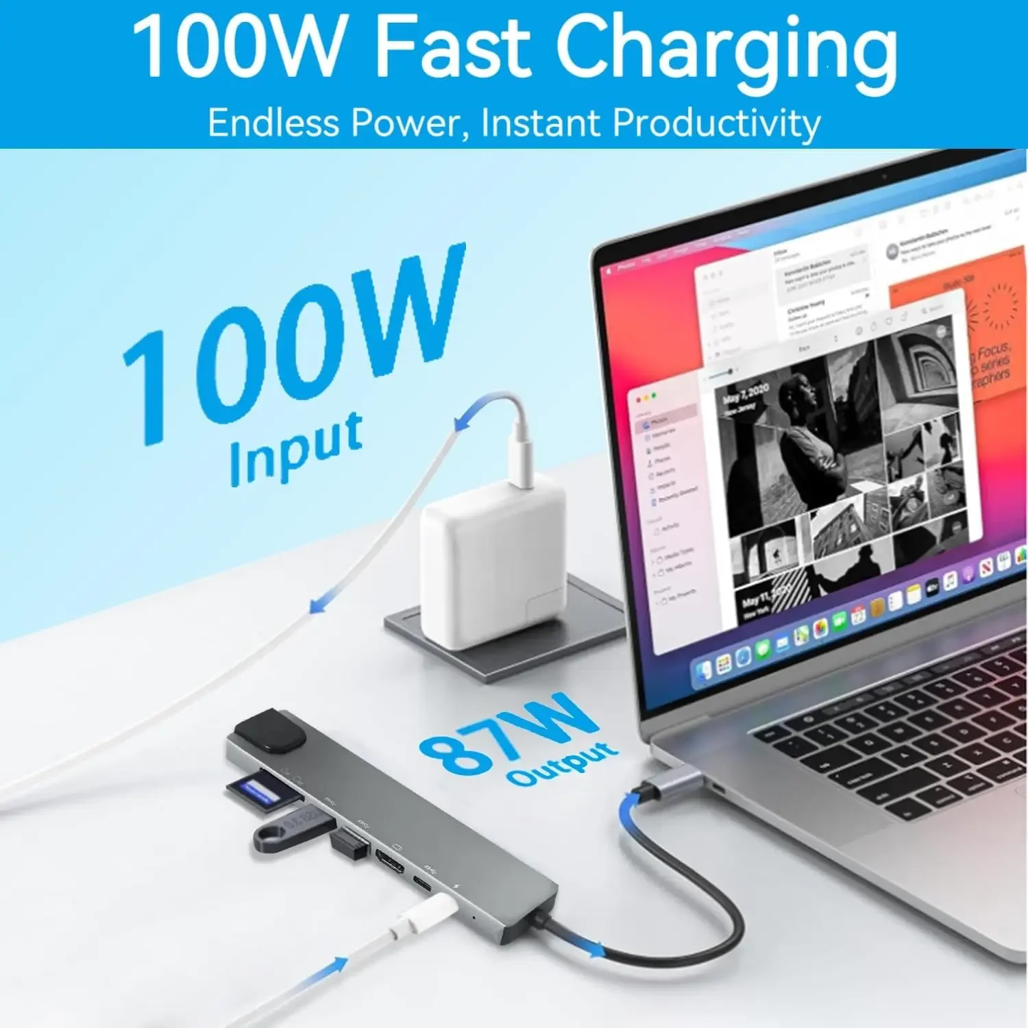 8 in 1 USB C Adapter with 4K DHMI,100W PD,USB 3.0, RJ45 Ethernet, SD/TF Card Reader, Docking Station Compatible with MacBook Pro